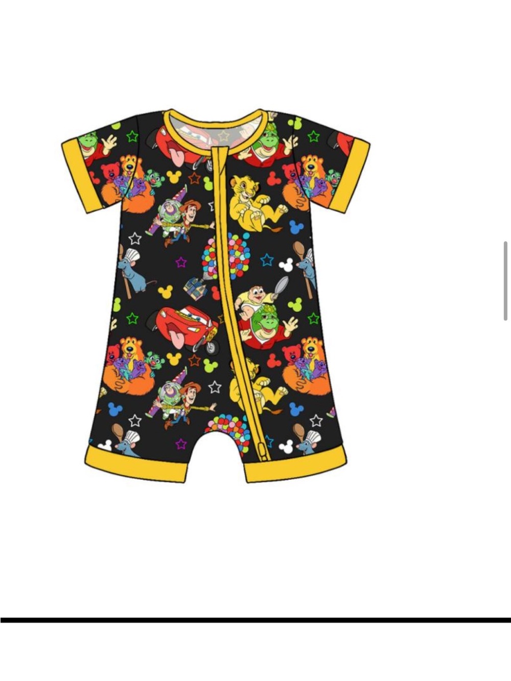 BAMBOO Black Cartoon-Print Short Sleeve shortie with Yellow Trim